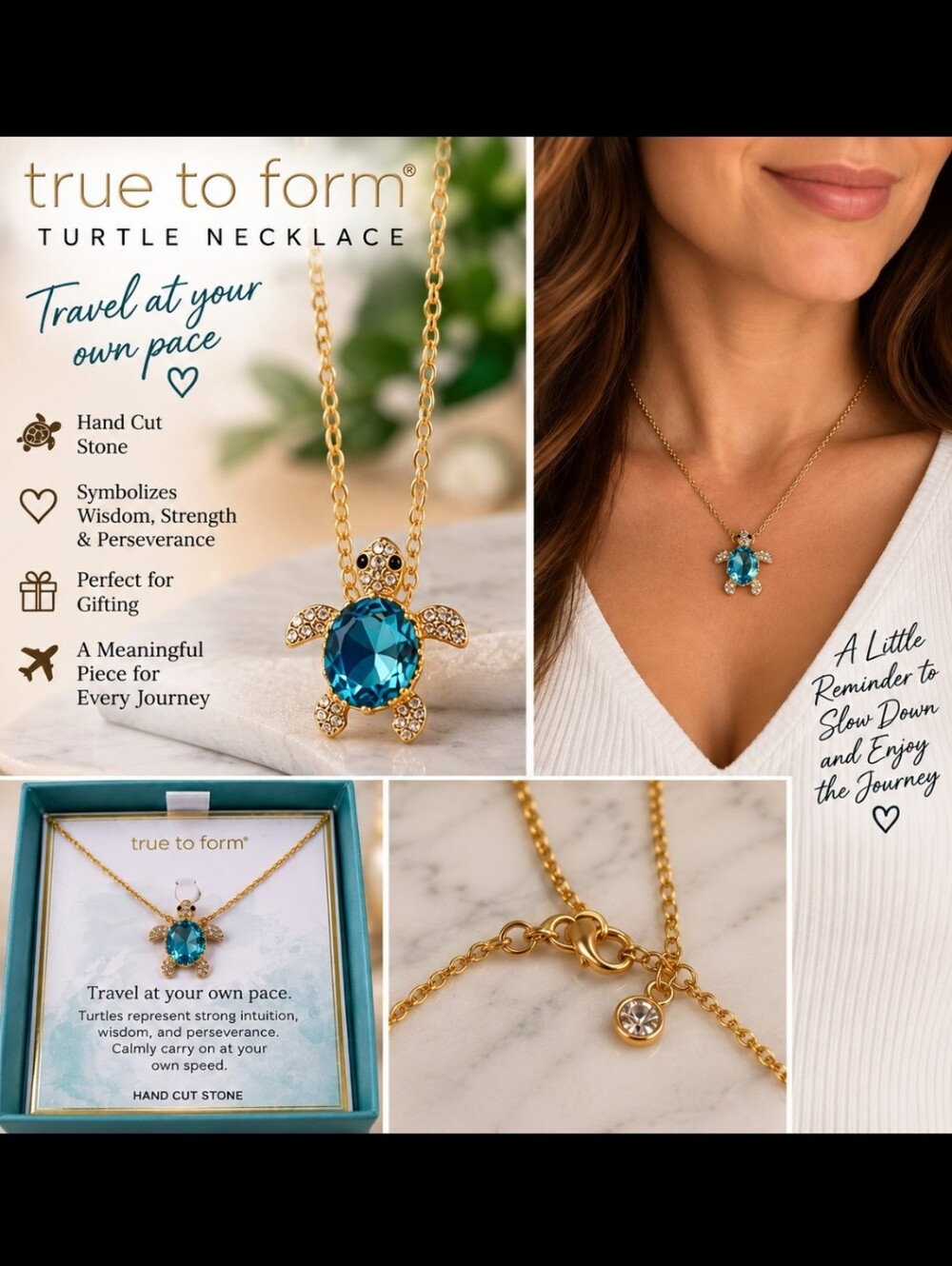True to Form Gold Turtle Necklace with Blue Stone